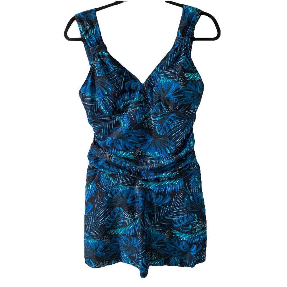 Relleciga Womens Large Swimsuit One Piece Swim Dress Modest Tropical Blue Teal